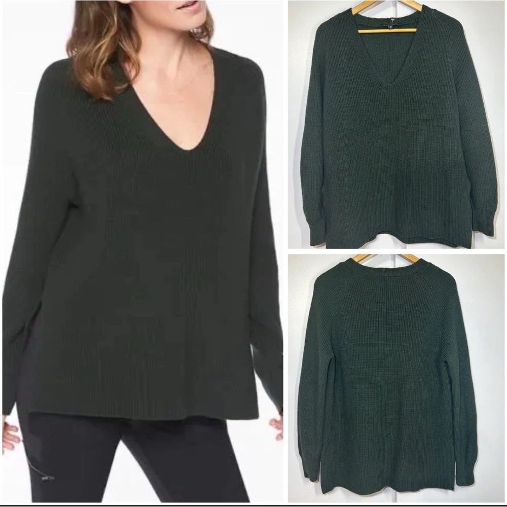 Athleta Switchback Pullover Knit Sweater Forest Green V-neck Wool Blend Size XS